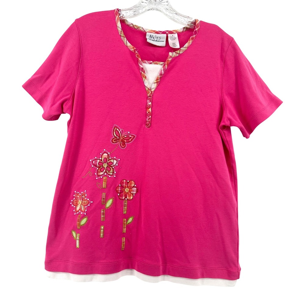 Alfred Dunner Pink Floral Butterfly Embroidered Short Sleeve Top Womens Small
